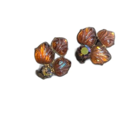 Vintage West Germany Amber Glass Clip-On Earrings Floral Design 1.25" Rhinestone - Picture 8 of 10